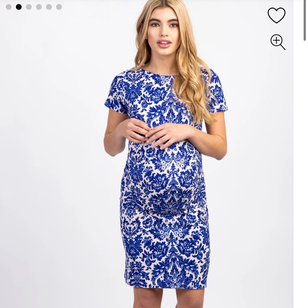 Blue printed short sleeve fitted maternity dress